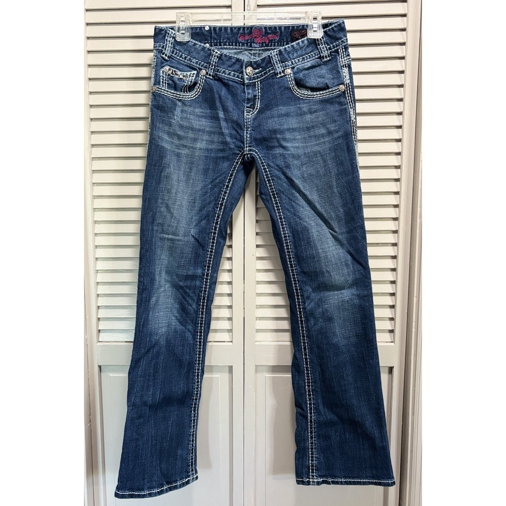 Rock & Roll Cowgirl Bootcut Denim Jeans Pocket Beads Embroidered Gems Sz 29x32